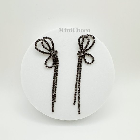 Black Rhinestone Bow Drop Earrings - Picture 6 of 6